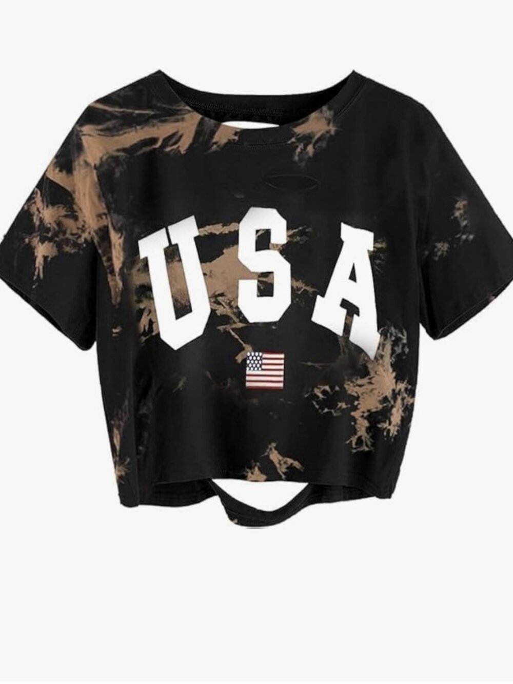 Black USA Bleach Dye Crop Top Distressed Back Cutout Grunge Punk Tee L